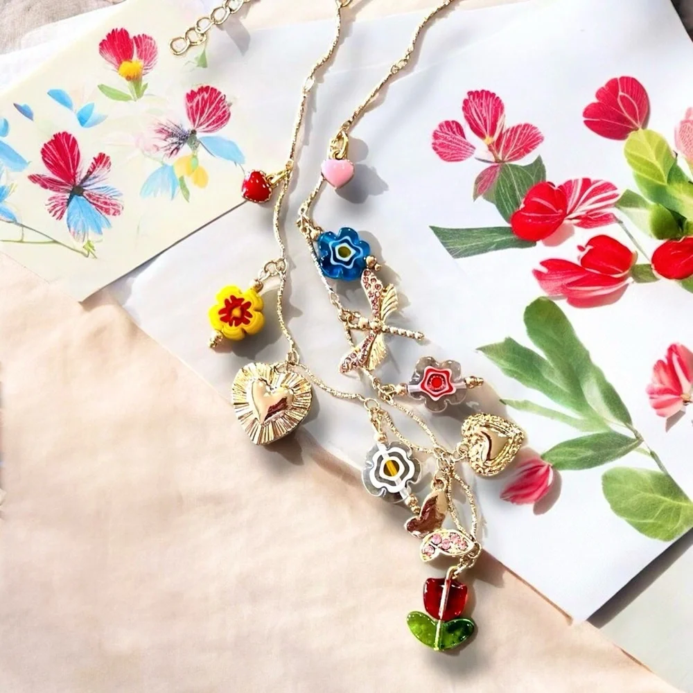 Gold and Red toned Charm Necklace glass rhinestones enamel tulip flower hearts